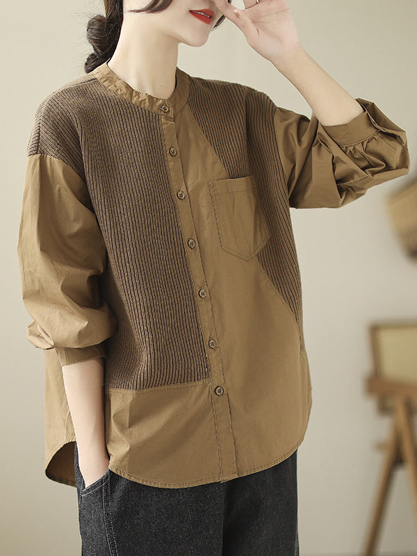 xakxx Vintage Long Sleeves Loose Split-Joint Round-Neck Blouses&Shirts Tops