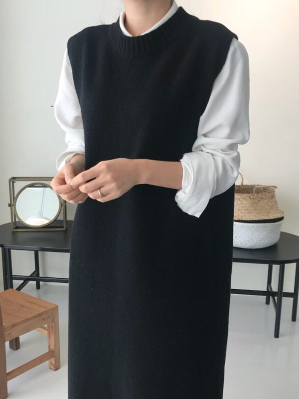 xakxx Urban Loose Sleeveless Solid Color Round-Neck Midi Dresses Sweater Dresses