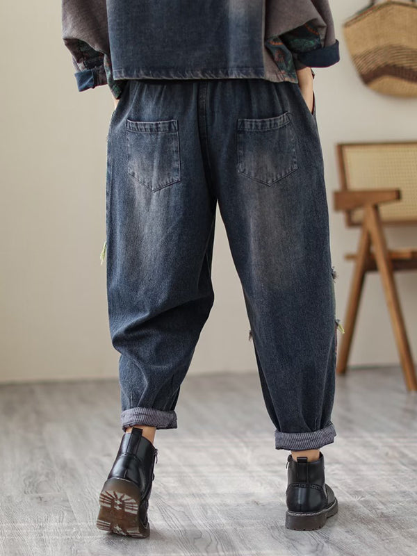 xakxx Contrast Color Fringed Split-Joint Long Sleeves Printed Outwear + Harem Pants  Two Pieces Set
