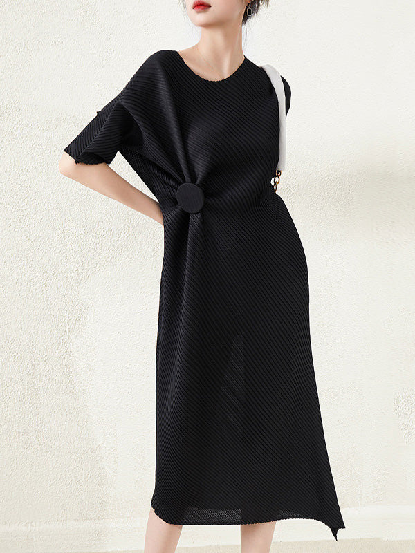 xakxx Stylish Irregularity Loose Pleated Solid Color Round-Neck Midi Dresses