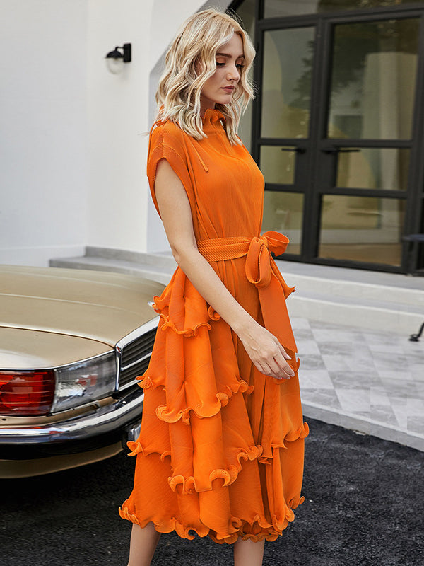 xakxx Loose Bandage Lacy Solid Color High-Neck Midi Dresses