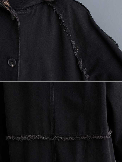 xakxx Loose Raglan Sleeve Floral Printed Fringed Split-Joint Hooded Outerwear Trench Coats