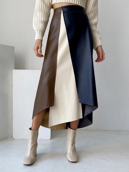 xakxx A-Line High Waisted Asymmetric Contrast Color Split-Front Skirts Bottoms