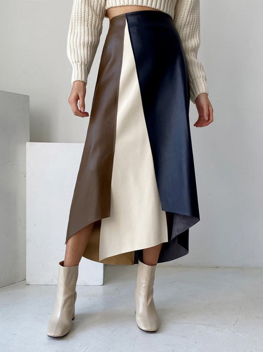 xakxx A-Line High Waisted Asymmetric Contrast Color Split-Front Skirts Bottoms