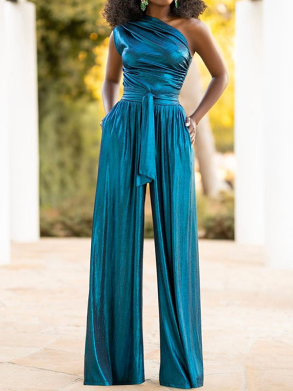 xakxx High Waisted Wide Leg Solid Color One-Shoulder Jumpsuits