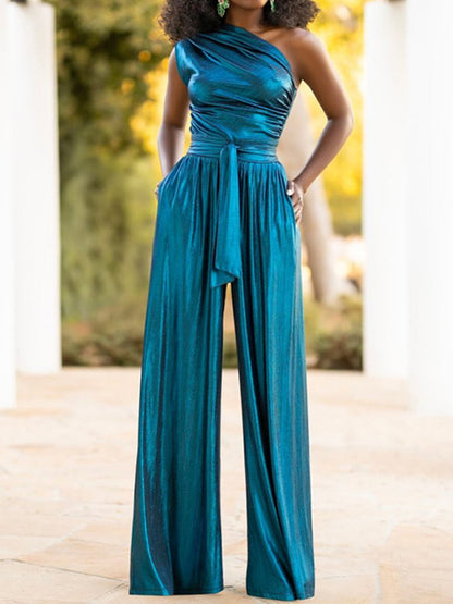 xakxx High Waisted Wide Leg Solid Color One-Shoulder Jumpsuits