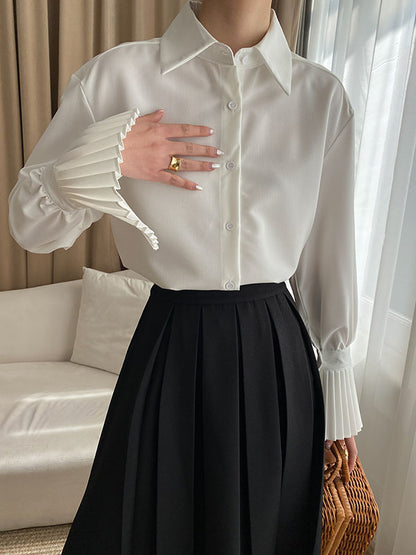 xakxx Flared Sleeves Solid Color Lapel Blouses&Shirts Tops