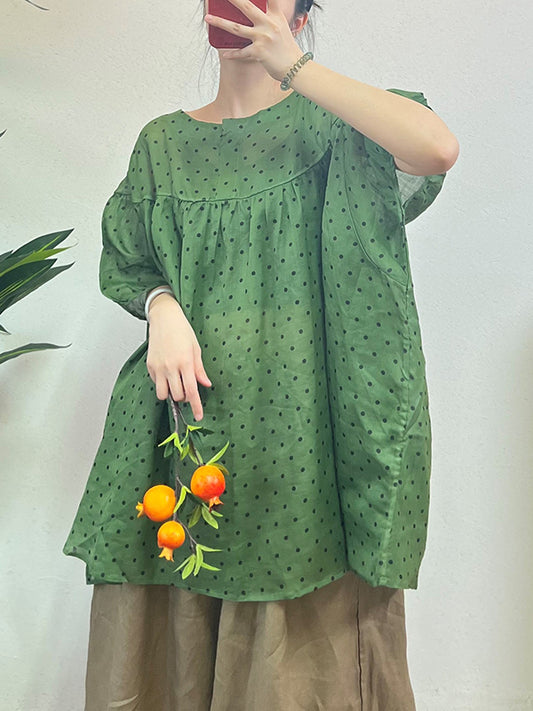 xakxx Loose Half Sleeves Polka-Dot Split-Joint Round-Neck Blouses&Shirts Tops