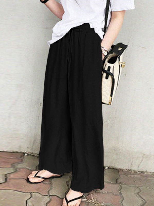xakxx High Waisted Loose Drawstring Pockets Solid Color Pants Trousers