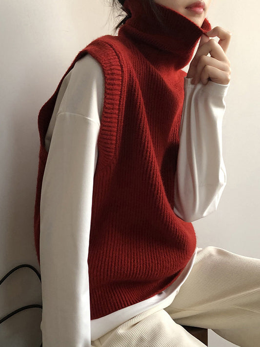 xakxx Casual Loose Sleeveless Solid Color High-Neck Sweater Vest Outerwear