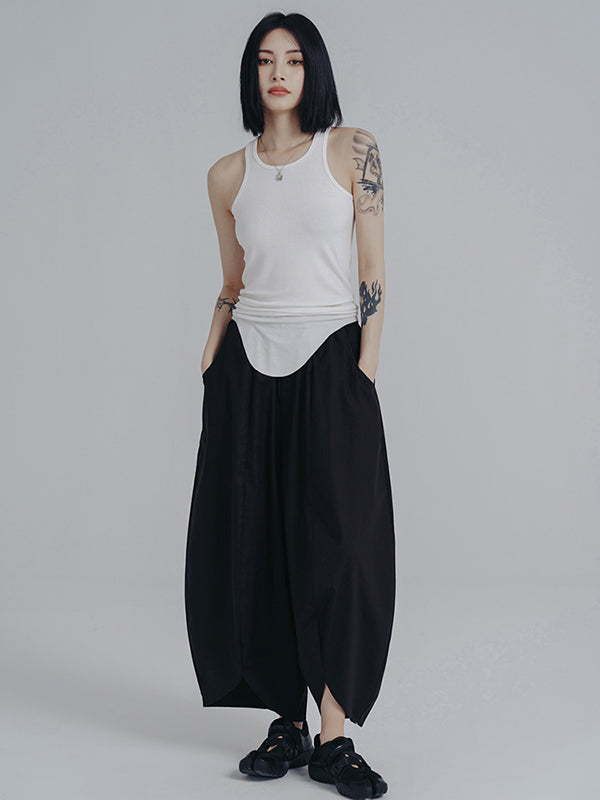xakxx Simple Loose Elasticity Waist Wide Leg Solid Color Pants