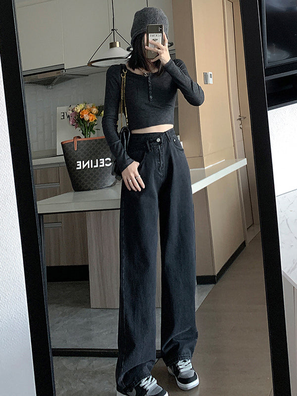 xakxx Casual High Waisted Denim Wide Leg Jean Pants