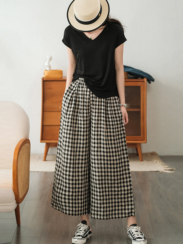 xakxx Artistic Retro Linen Loose Wide Legs Plaid Drawstring Pants