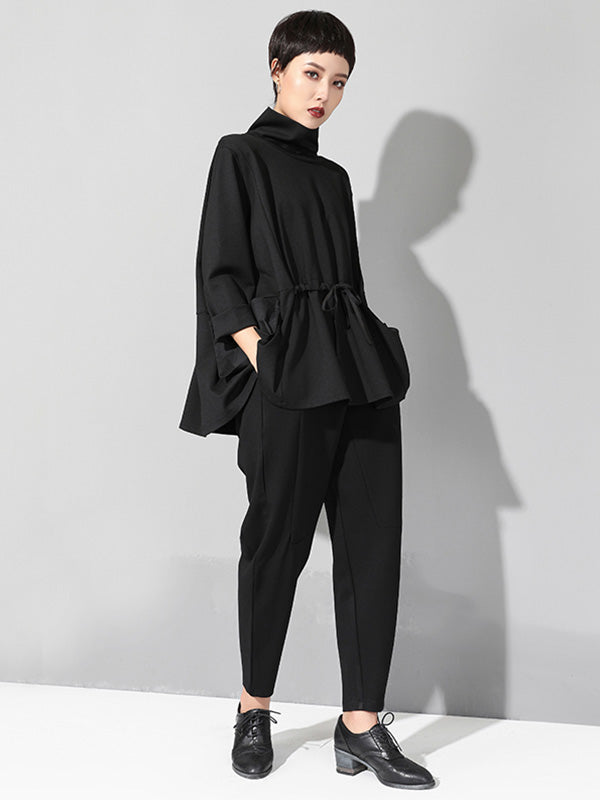 xakxx Original Solid Color Smocked High-Neck Sweatshirts