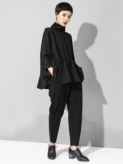 xakxx Original Solid Color Smocked High-Neck Sweatshirts