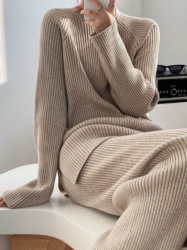 xakxx Urban Loose Solid Round-Neck Split-Side Sweater& Wide Leg Pants Suits