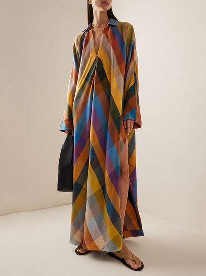 xakxx Long Sleeves Loose Contrast Color Split-Side V-Neck Maxi Dresses