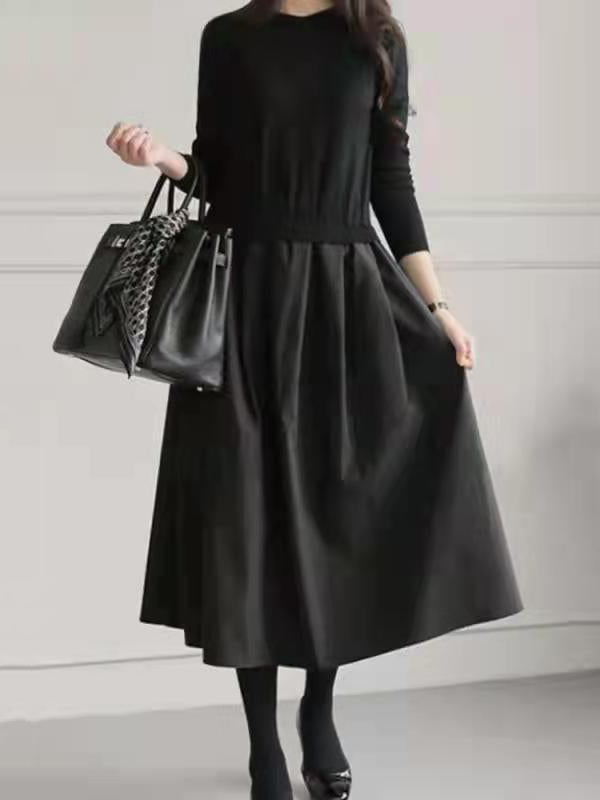xakxx A-Line Long Sleeves Pleated Split-Joint Round-Neck Midi Dresses