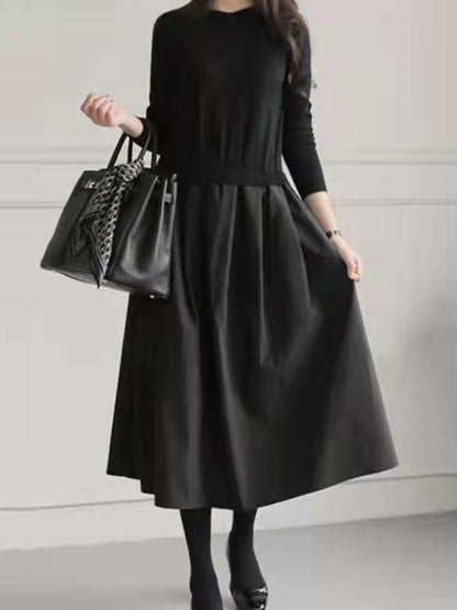xakxx A-Line Long Sleeves Pleated Split-Joint Round-Neck Midi Dresses