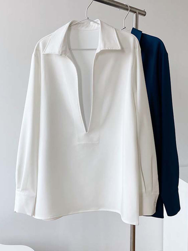 xakxx Long Sleeves Loose Solid Color Lapel Blouses