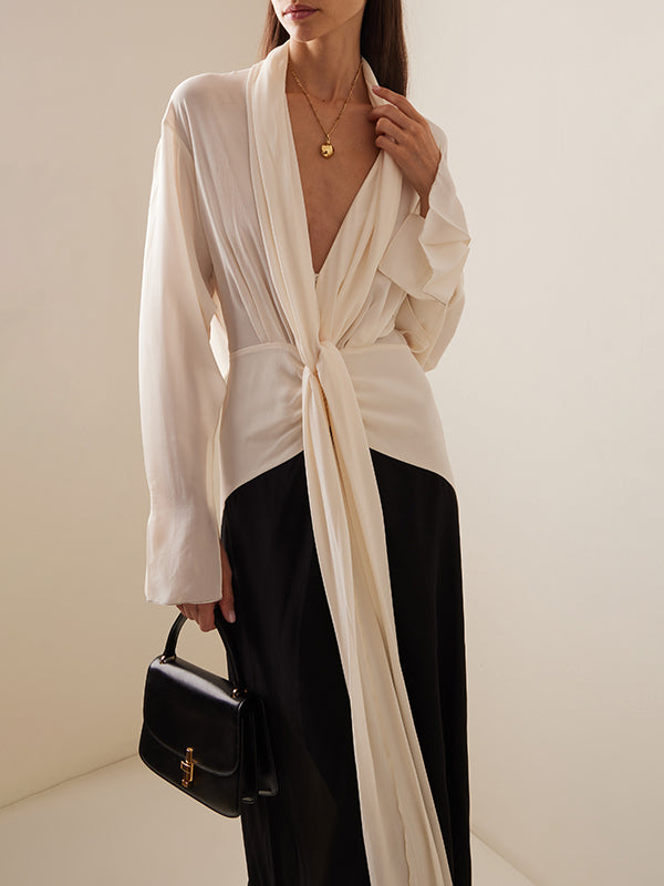 xakxx Long Sleeves Loose Contrast Color V-Neck Evening Dresses Maxi Dresses