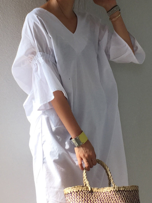 xakxx Casual Half Sleeves Loose Pleated Solid Color V-Neck Midi Dresses