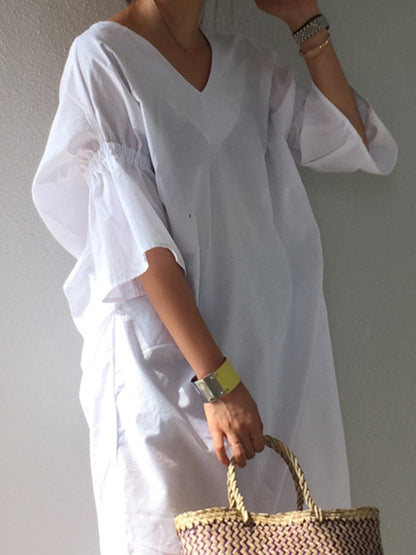 xakxx Casual Half Sleeves Loose Pleated Solid Color V-Neck Midi Dresses