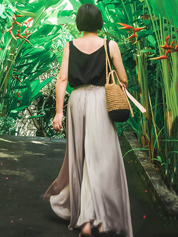 xakxx Simple Solid Color Elasticity High Waisted Wide Leg Pants