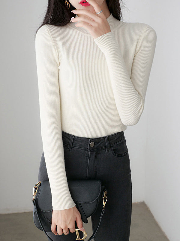 xakxx Simple Long Sleeves Skinny Solid Color High-Neck Pullovers