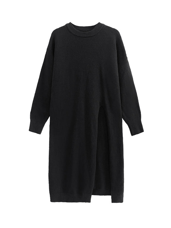 xakxx Long Sleeves Loose Solid Color Split-side Round-neck Sweater Tops