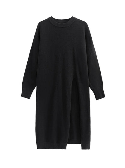 xakxx Long Sleeves Loose Solid Color Split-side Round-neck Sweater Tops