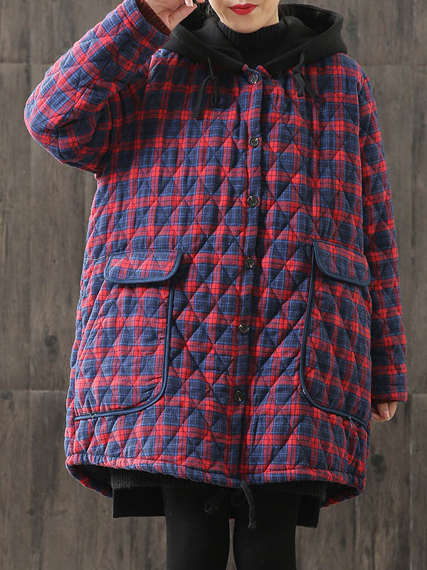 xakxx Vintage Loose Plaid Quilted Hooded Padded Coat