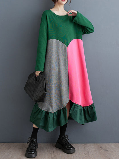 xakxx A-Line Long Sleeves Contrast Color Pleated Split-Front Split-Joint Round-Neck Midi Dresses