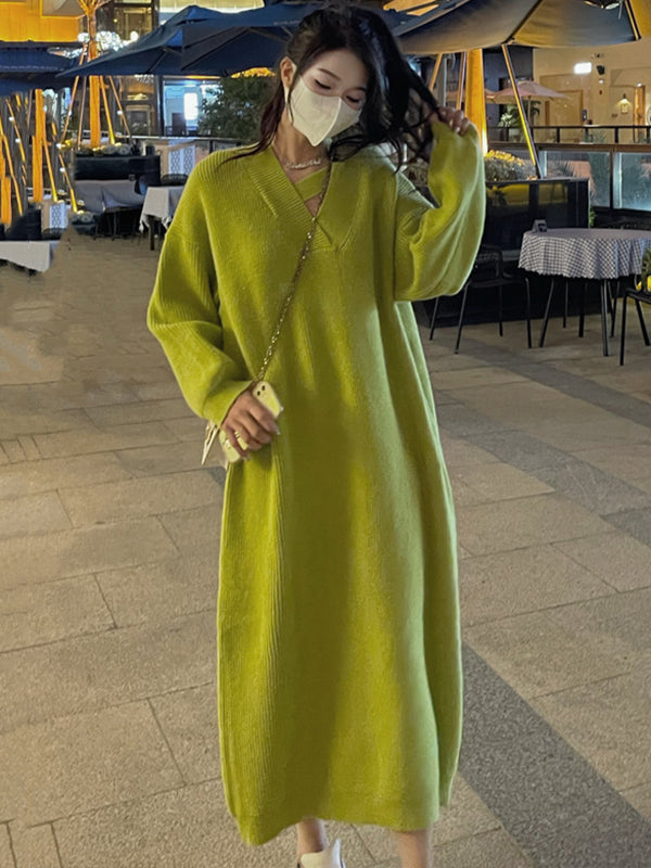 xakxx Urban Loose Long Sleeves Solid Color V-Neck Sweater Dresses