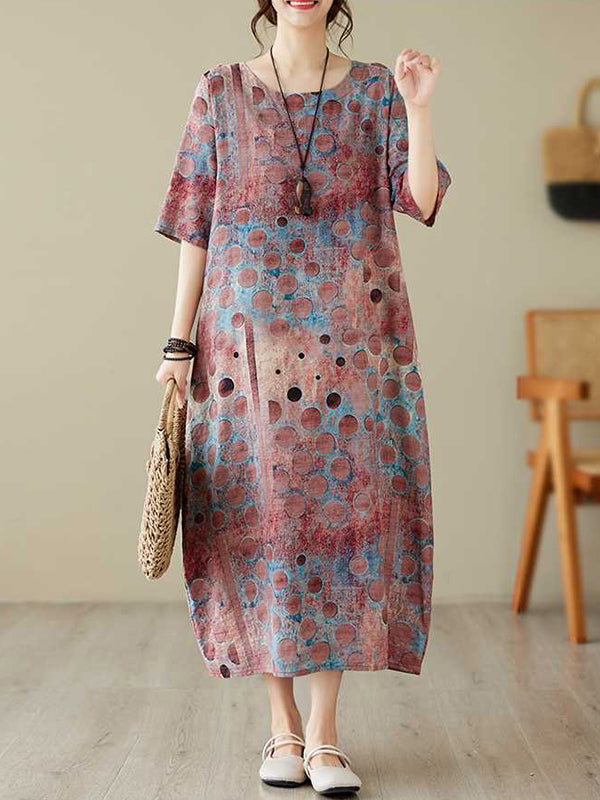 xakxx Half Sleeves Loose Contrast Color Polka-Dot Printed Round-Neck Midi Dresses