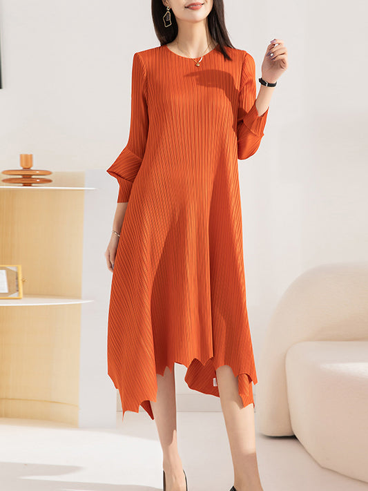 xakxx Irregular Clipping Loose Pleated Solid Color Round-Neck Midi Dresses
