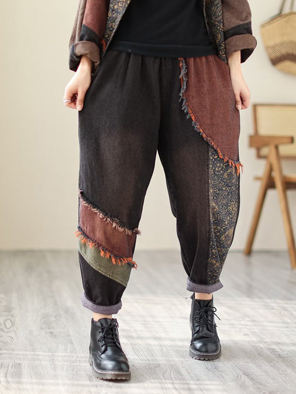 xakxx Contrast Color Fringed Split-Joint Long Sleeves Printed Outwear + Harem Pants  Two Pieces Set