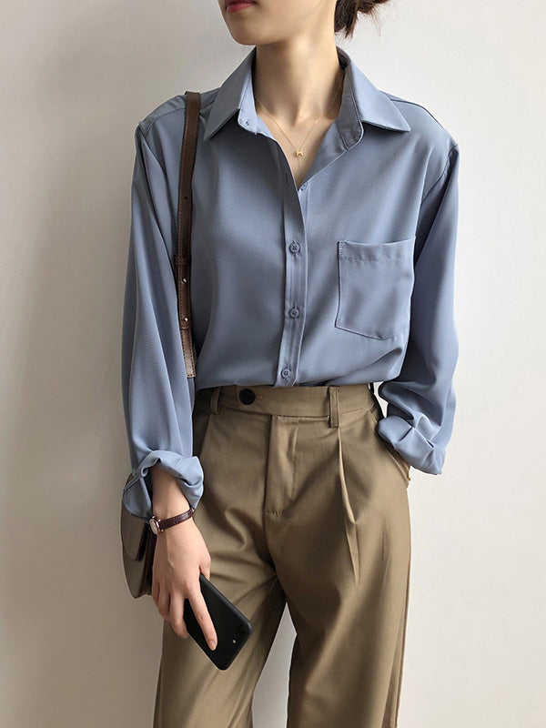 xakxx Urban Solid Color Lapel Long Sleeves Blouse