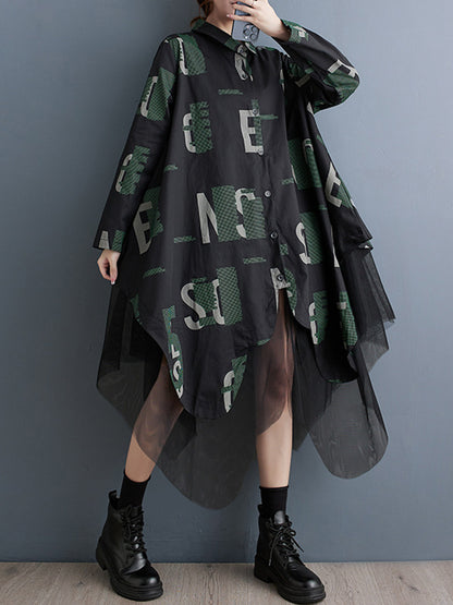 xakxx A-Line Long Sleeves Buttoned Letter Print Mesh Split-Joint Lapel Midi Dresses Shirt Dress