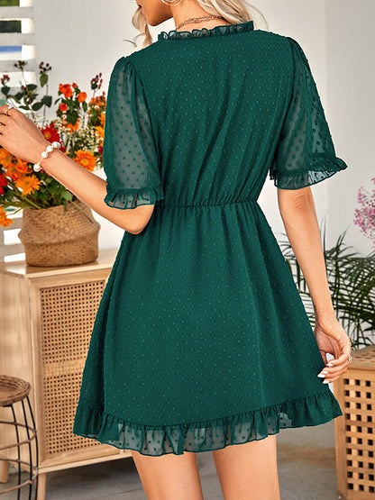 xakxx A-Line Loose Jacquard Ruffled Solid Color V-Neck Mini Dresses