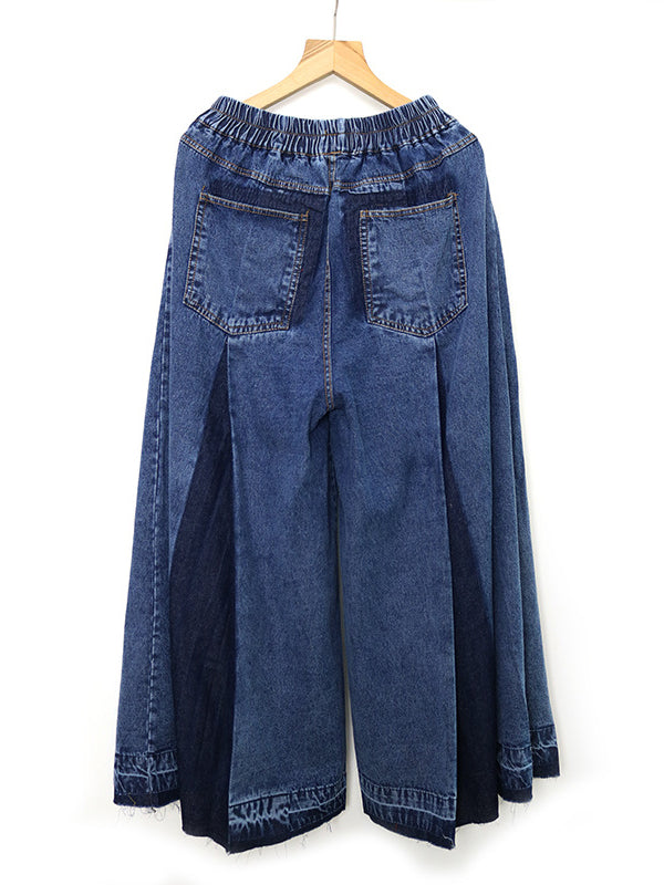 xakxx Loose Wide Leg Elasticity Fringed Pleated Jean Pants Bottoms