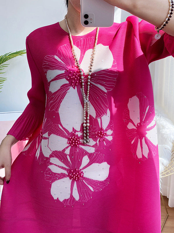 xakxx Flared Sleeves Loose Floral Printed Round-Neck Midi Dresses