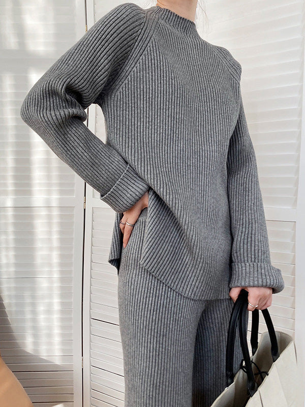 xakxx Urban Loose Solid Round-Neck Split-Side Sweater& Wide Leg Pants Suits
