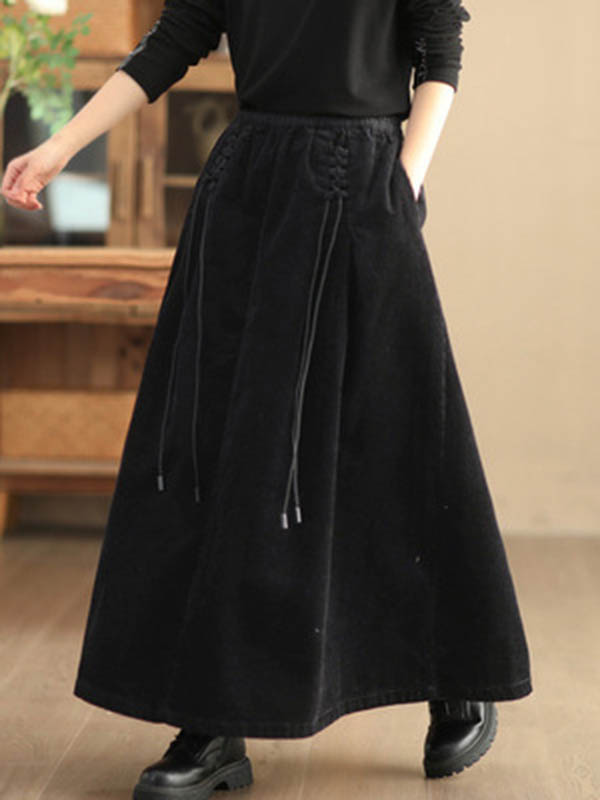 xakxx A-Line Loose Elasticity Solid Color Tied Velvet Skirts Bottoms