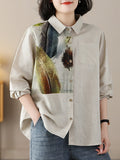xakxx Long Sleeves Loose Contrast Color Feathers Printed Lapel Blouses