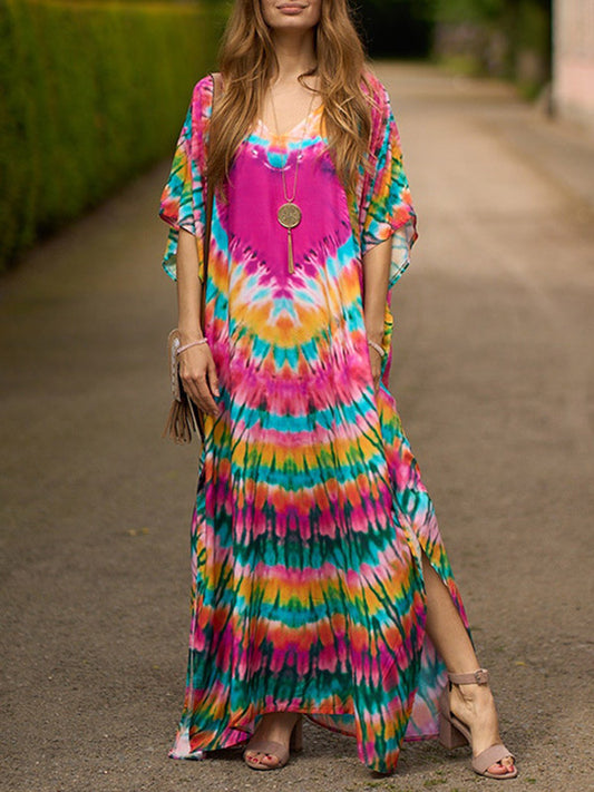 xakxx Batwing Sleeves Loose Split-Side Tie-Dyed V-Neck Beach Cover-Up Maxi Dresses