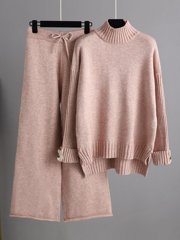 xakxx Urban Long Sleeves Solid Color Half Turtleneck Sweater Tops & Wide Leg Pants Two Pieces Set
