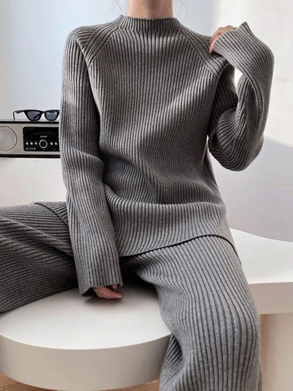 xakxx Urban Loose Solid Round-Neck Split-Side Sweater& Wide Leg Pants Suits