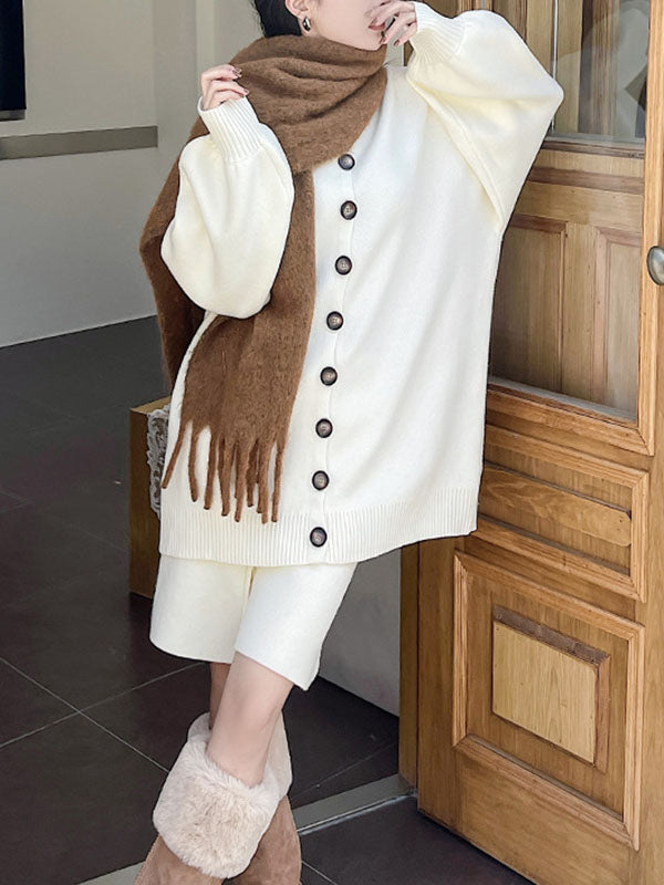 xakxx Long Sleeves Loose Buttoned Round-Neck Sweater Top + Drawstring Shorts Bottom Two Pieces Set