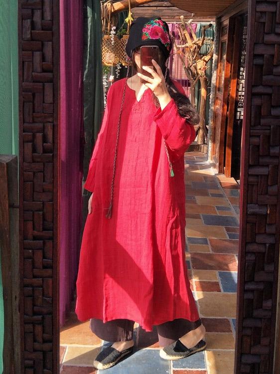 xakxx 100% Linen Manual Embroidered Long Dress